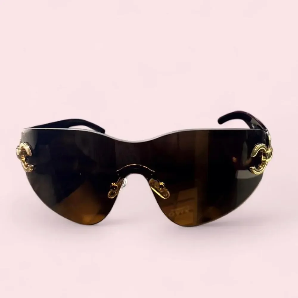 Y2k Shield Brown Sunglasses double c oversized wrap Summer Coastal